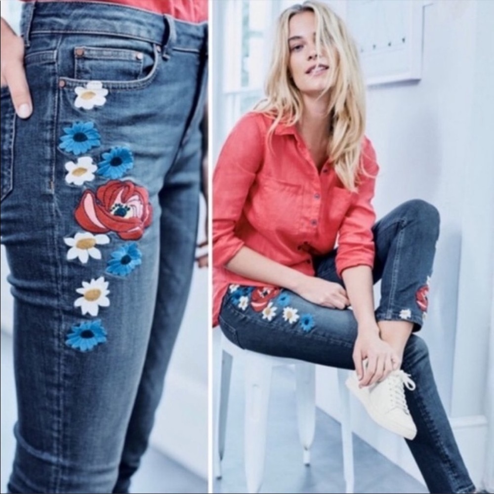Boden High Rise Jeans with Floral Embroidery - Blue and Red